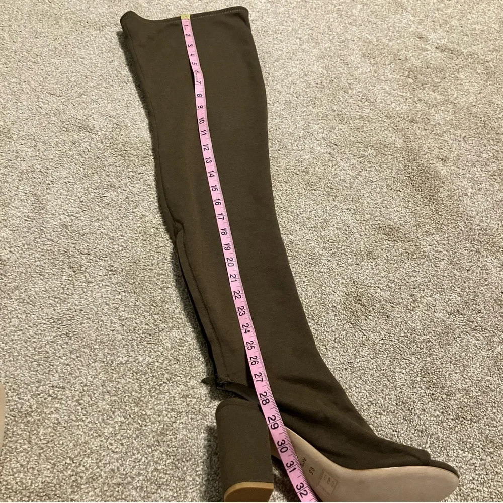 RAYE Revolve Peep Toe Olive Over‎ the Knee Block Heeled Stretch Boots 9.5 NWOB